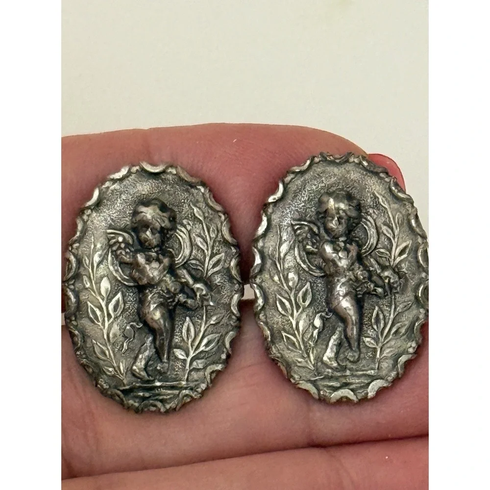 Vintage Silver Tone Oval Cherub Cufflinks Antique Suit Accessory Unique Details